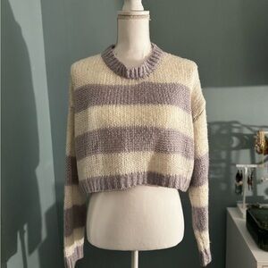 EUC VERNACULAR Striped Cream and Lavender Women's Crop Sweater Small